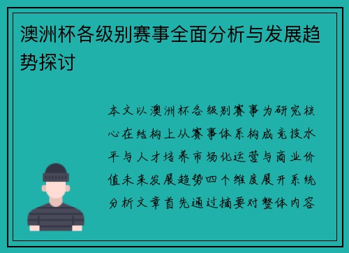 澳洲杯各级别赛事全面分析与发展趋势探讨